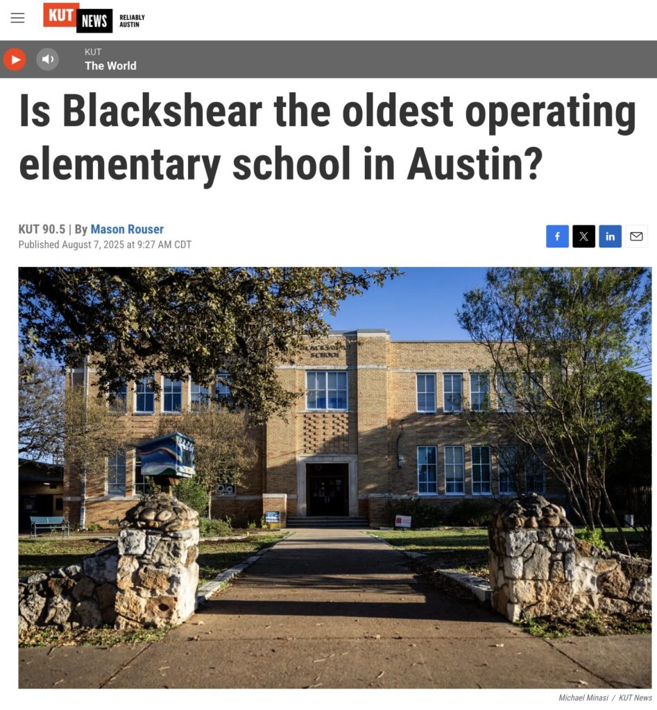Screen shot of KUT News article on Blackshear Elementary School showing the front of the brick school reading "Is Blackshear the oldest operating elementary school in Austin?