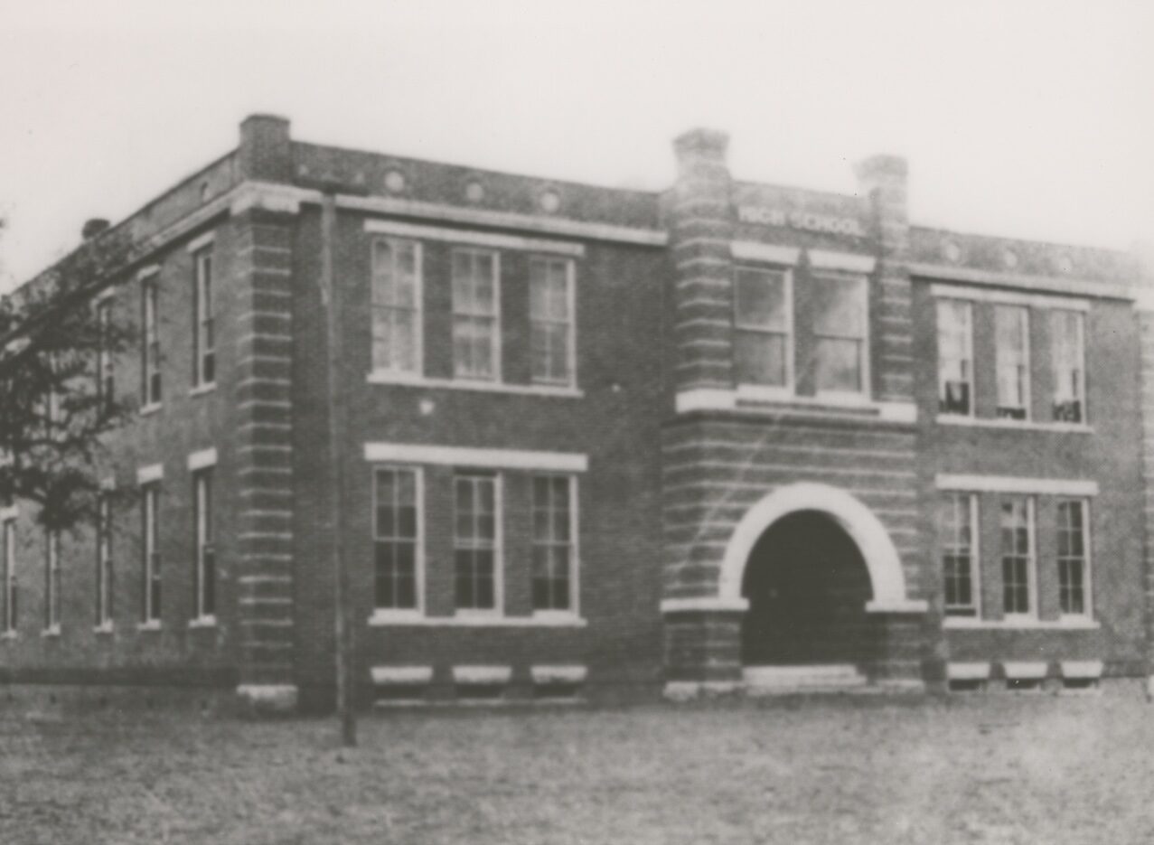 1910 Gregorytown School AHC PICA 20648 Black and white photo of a two-story brick school building.